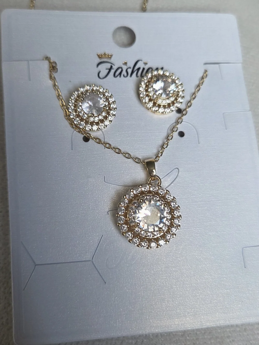 Fashion Jewelry Gold Crystal Halo Necklace and Stud Earring Set
